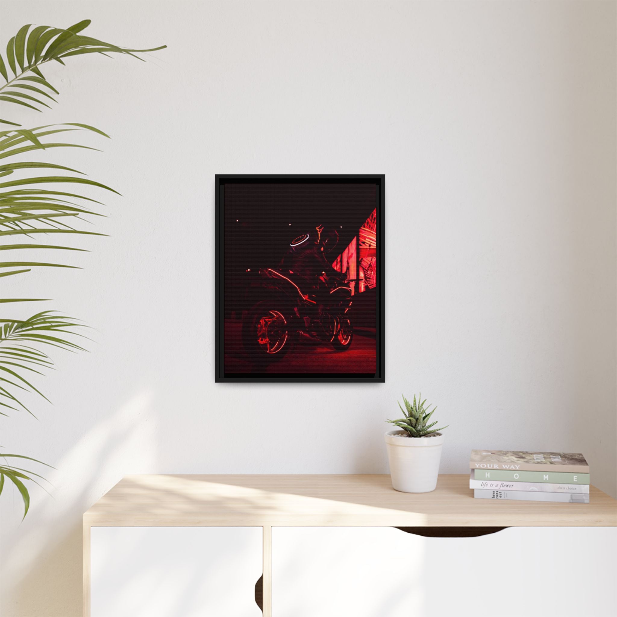 Neon Motorcycle Nightscape Framed Canvas