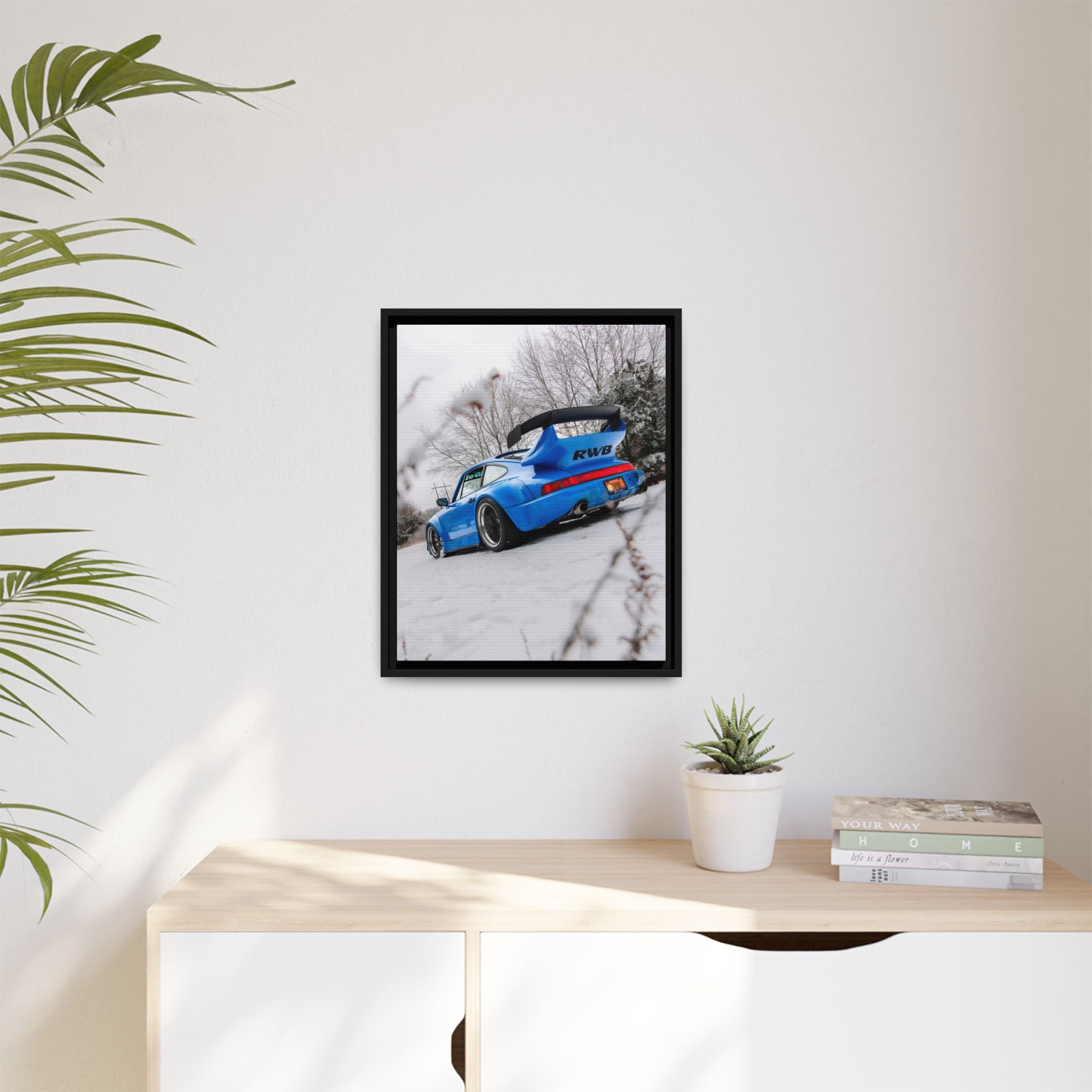Blue RWB Porsche in Snow Framed Canvas