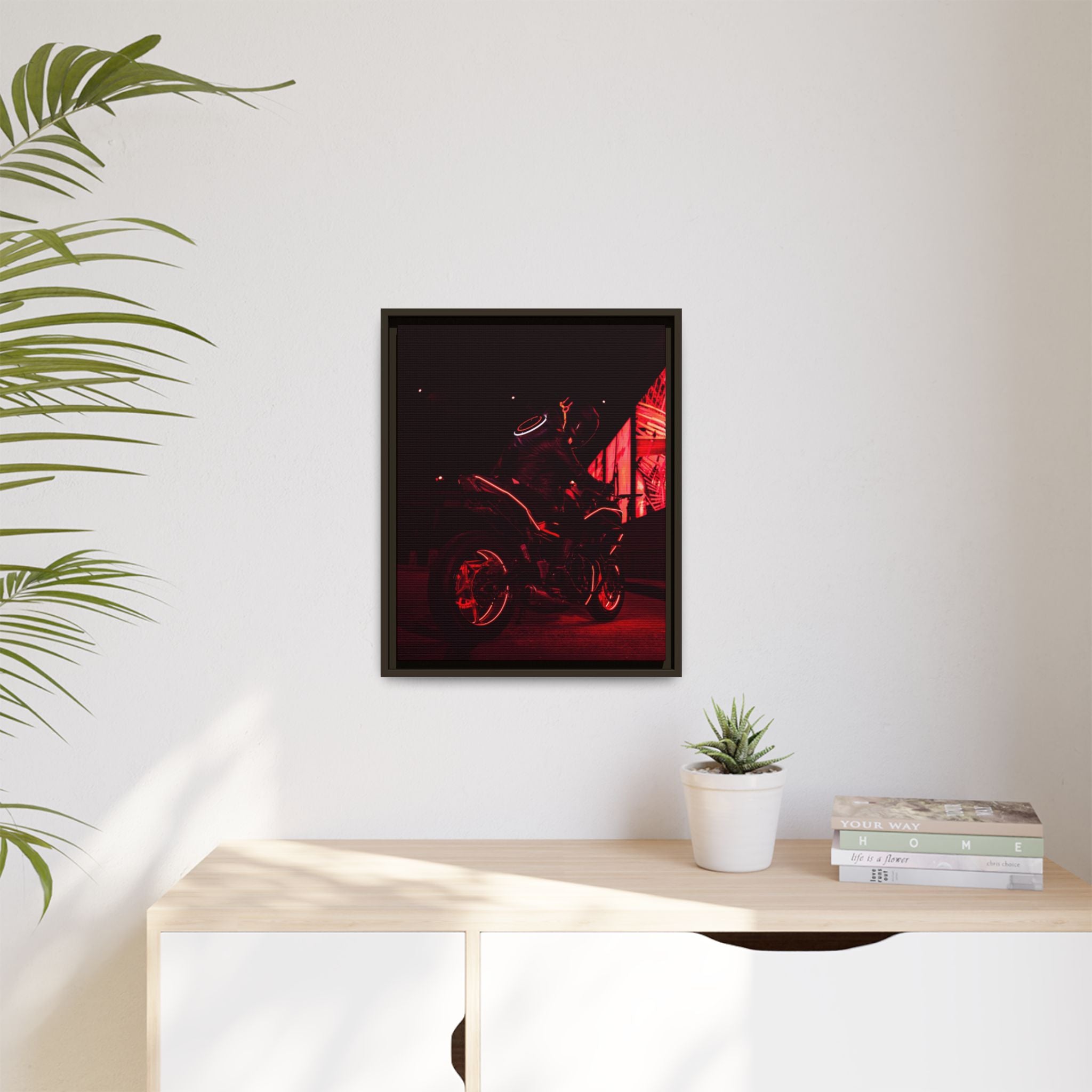 Neon Motorcycle Nightscape Framed Canvas