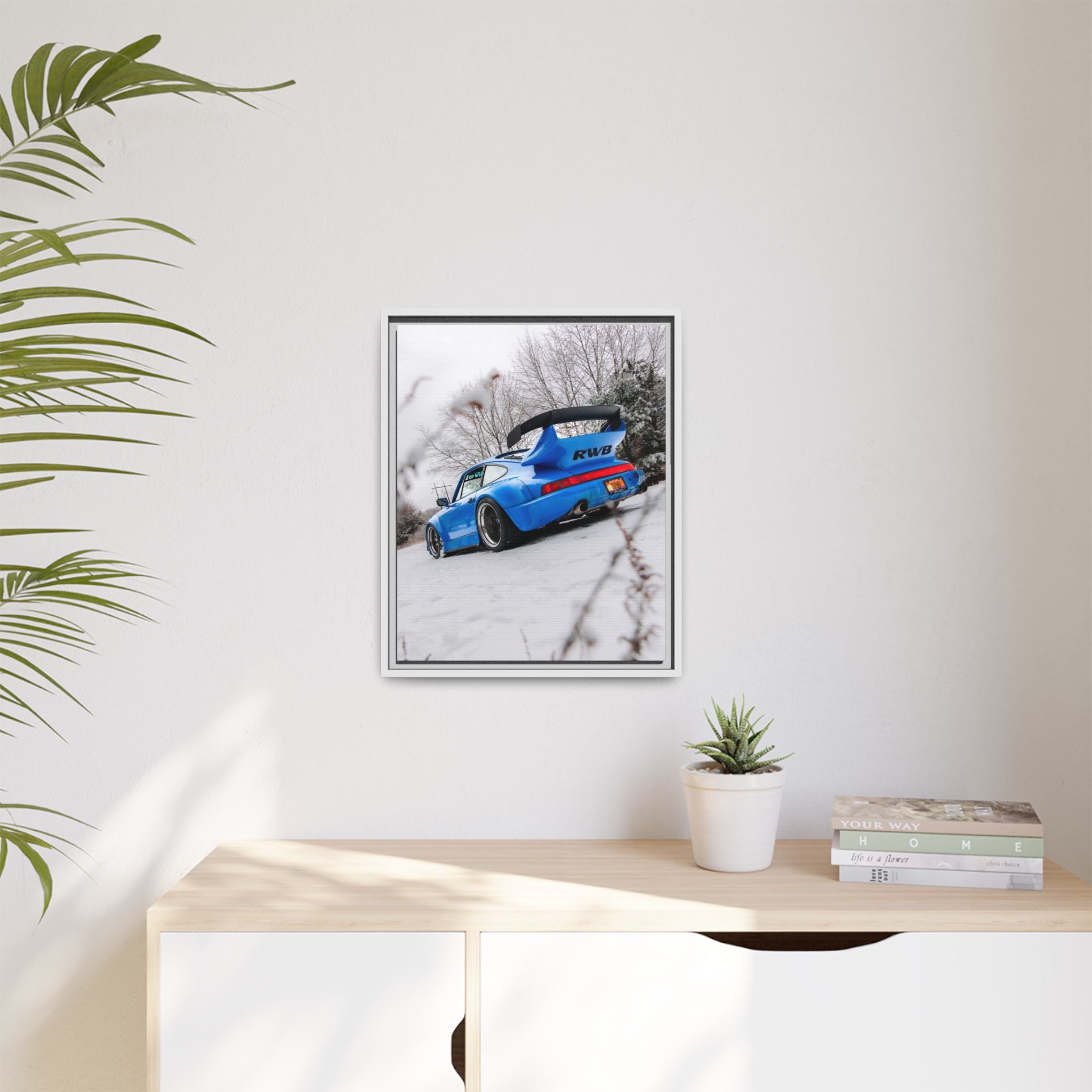 Blue RWB Porsche in Snow Framed Canvas