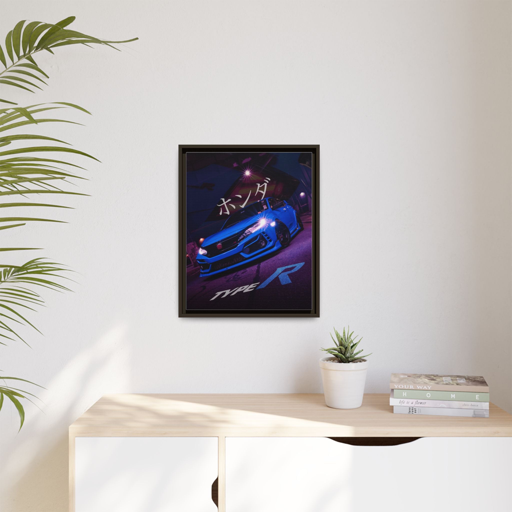 Blue Honda Civic Japanese Kanji Framed Canvas