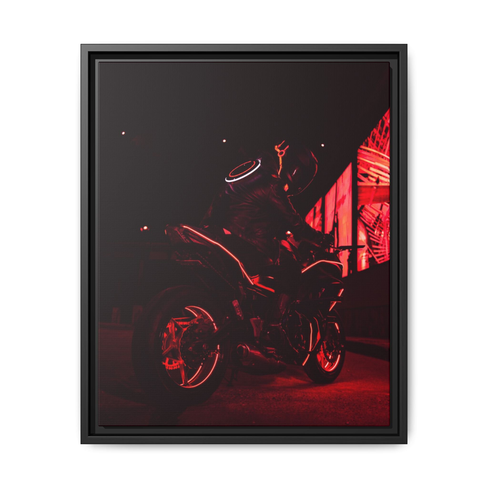 Neon Motorcycle Nightscape Framed Canvas