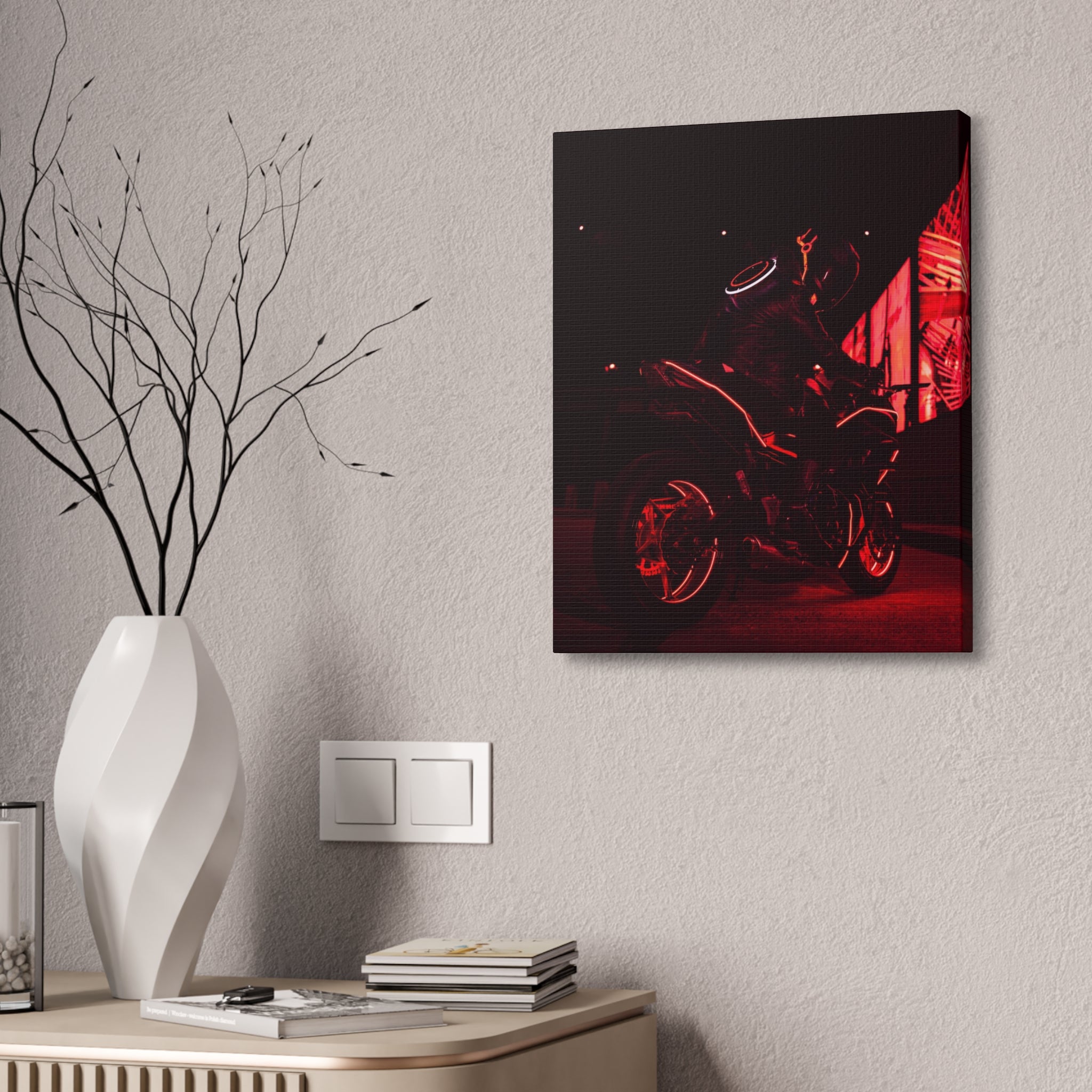 Neon Motorcycle Nightscape Canvas