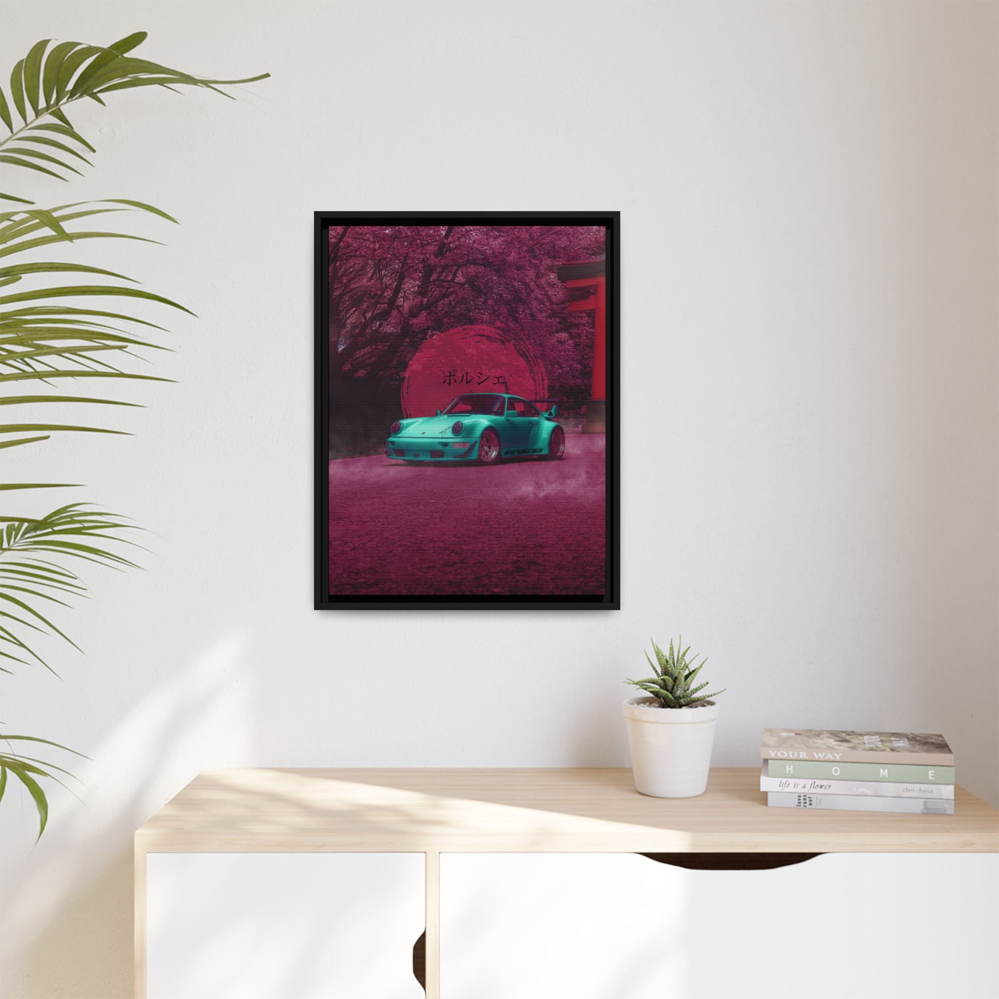 Teal Porsche in Sakura Dream Framed Canvas