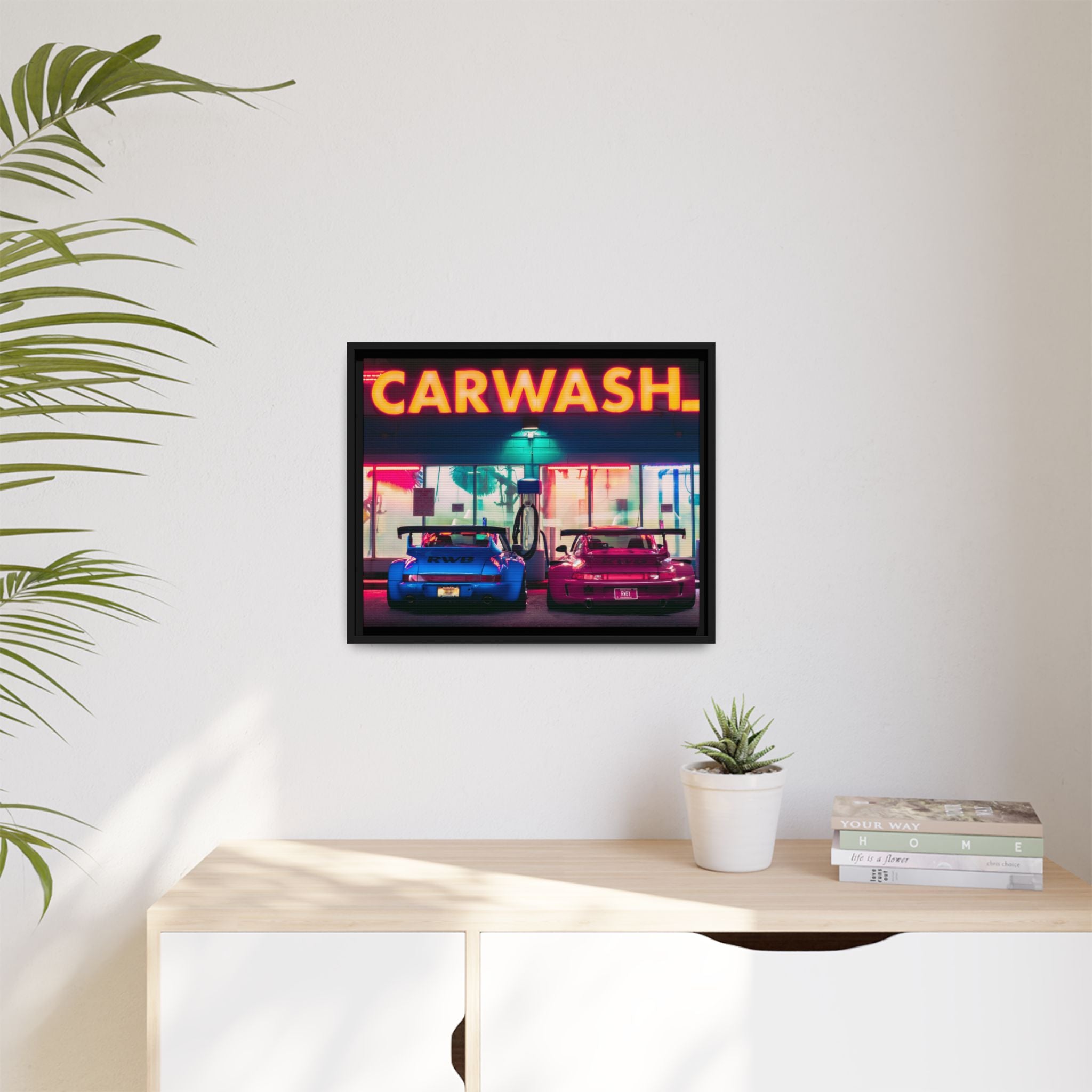 Retro Nighttime Porsche Car Wash Framed Canvas