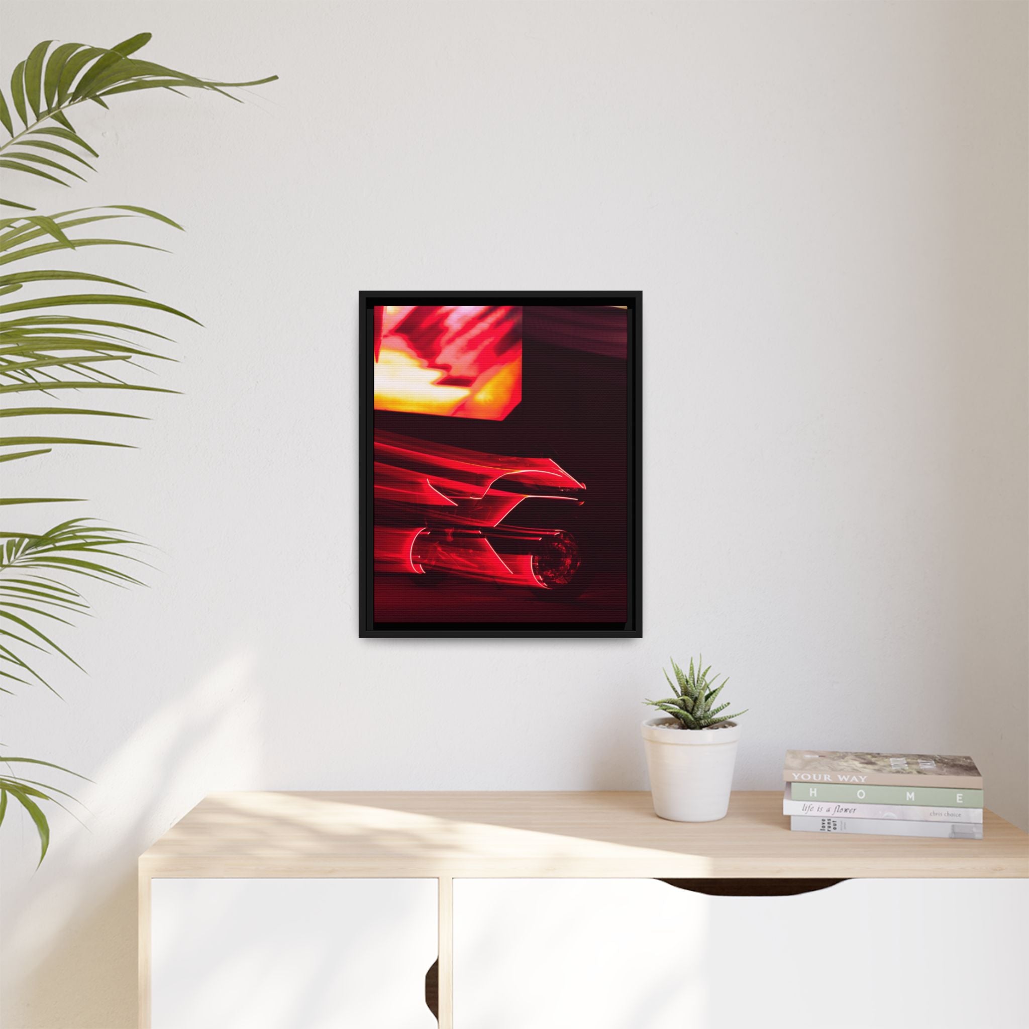 Abstract Red Light Motorcycle Framed Canvas