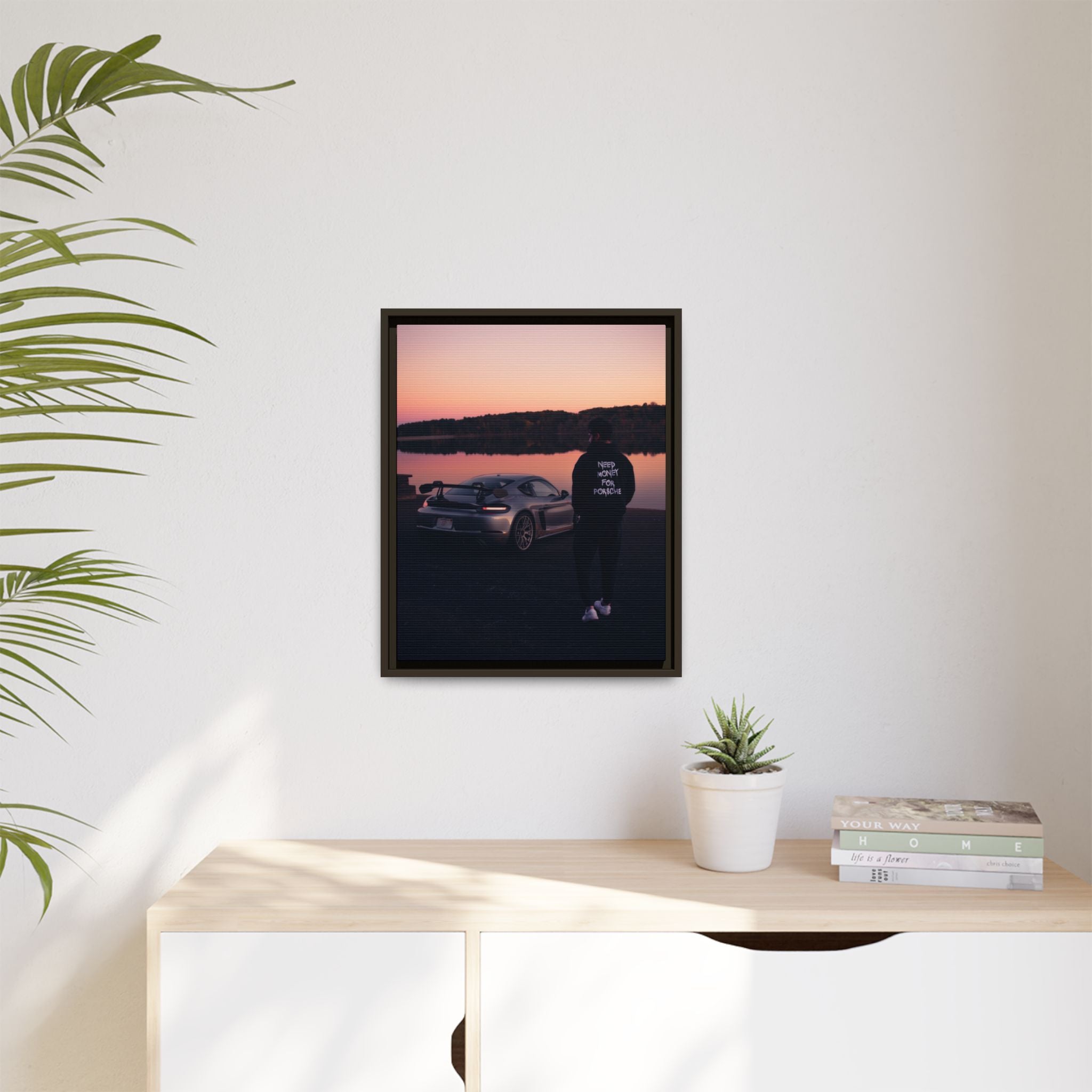 "Need Money For Porsche" Sunset Drive Framed Canvas