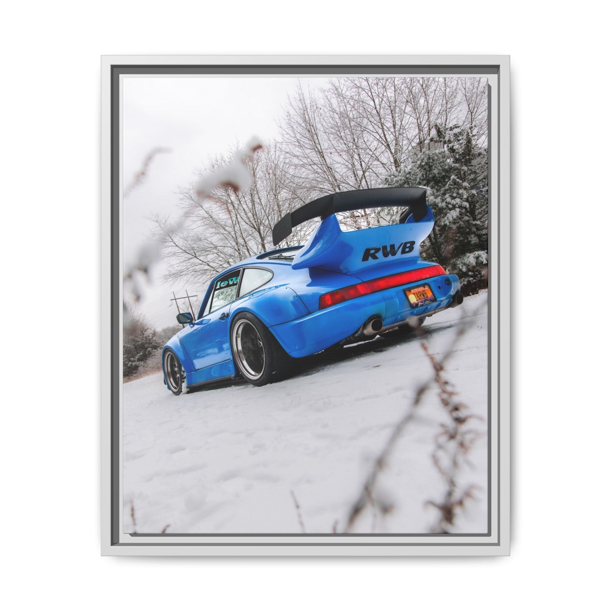 Blue RWB Porsche in Snow Framed Canvas