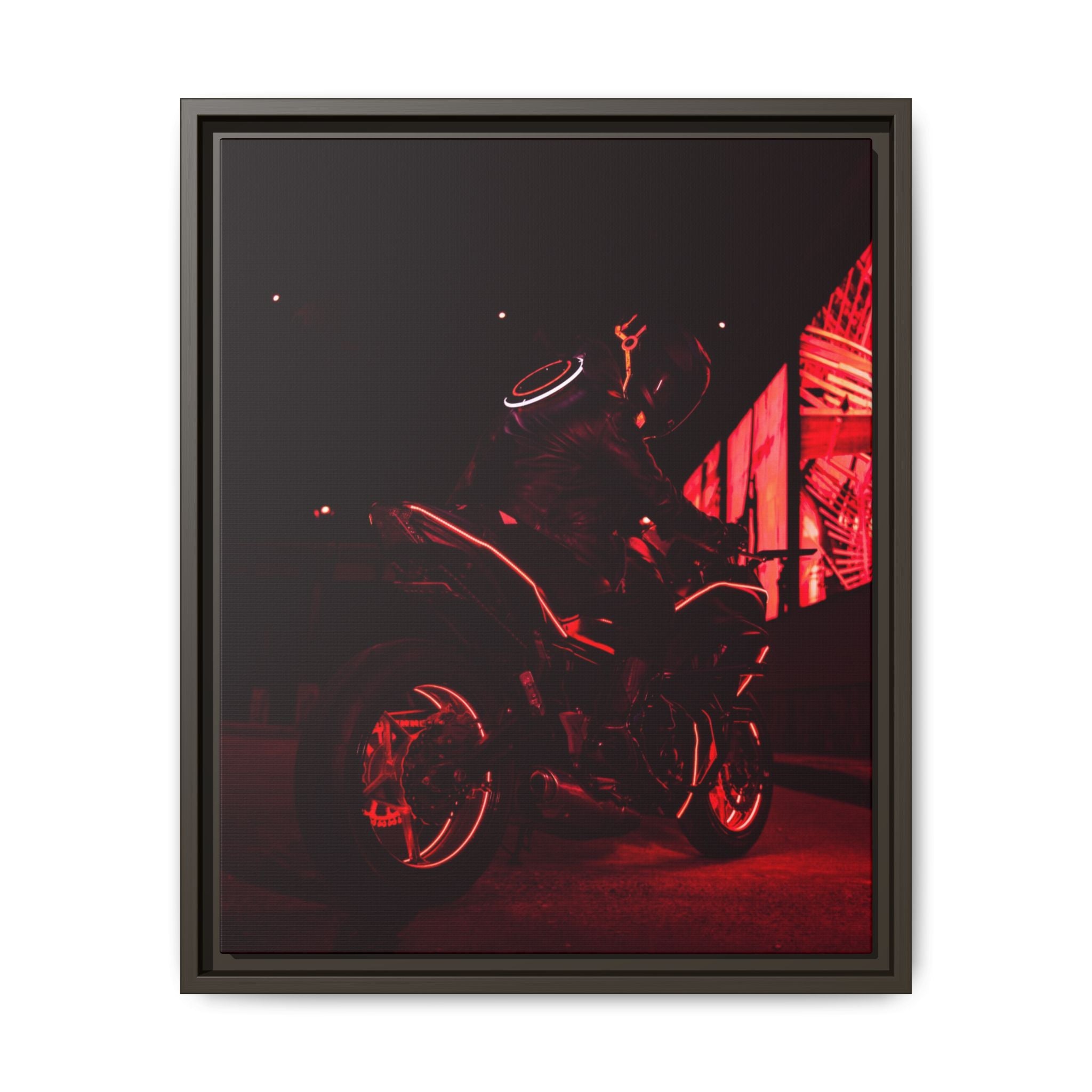 Neon Motorcycle Nightscape Framed Canvas