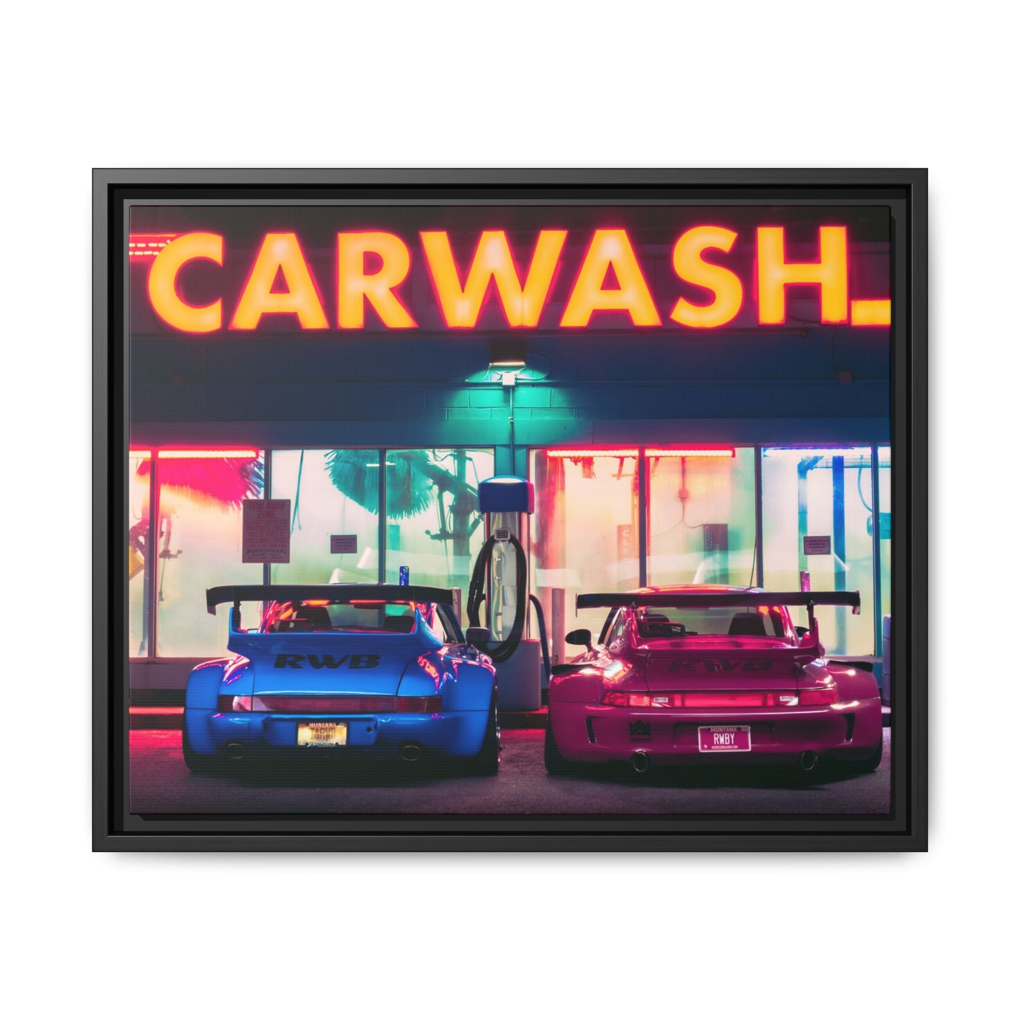 Retro Nighttime Porsche Car Wash Framed Canvas