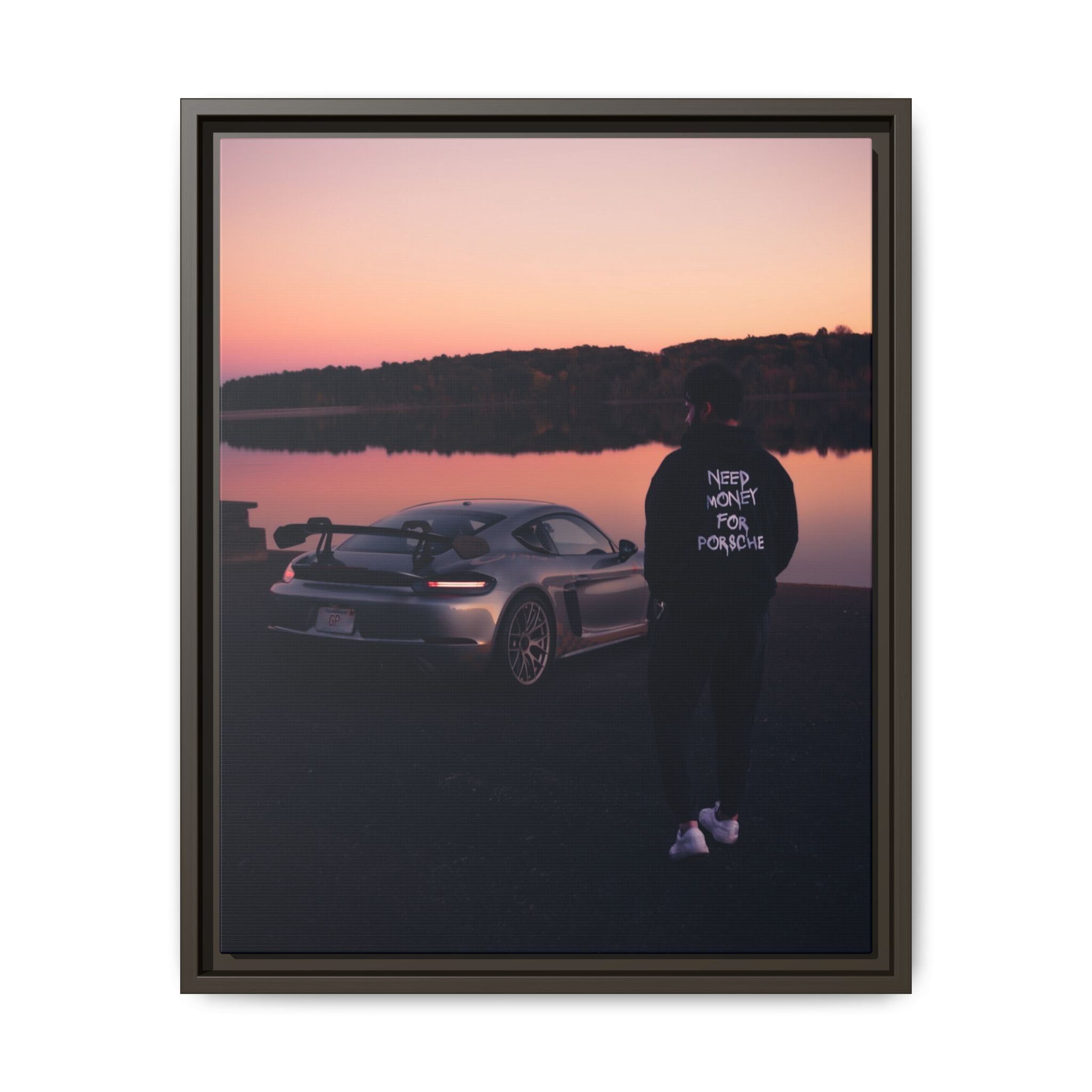 "Need Money For Porsche" Sunset Drive Framed Canvas