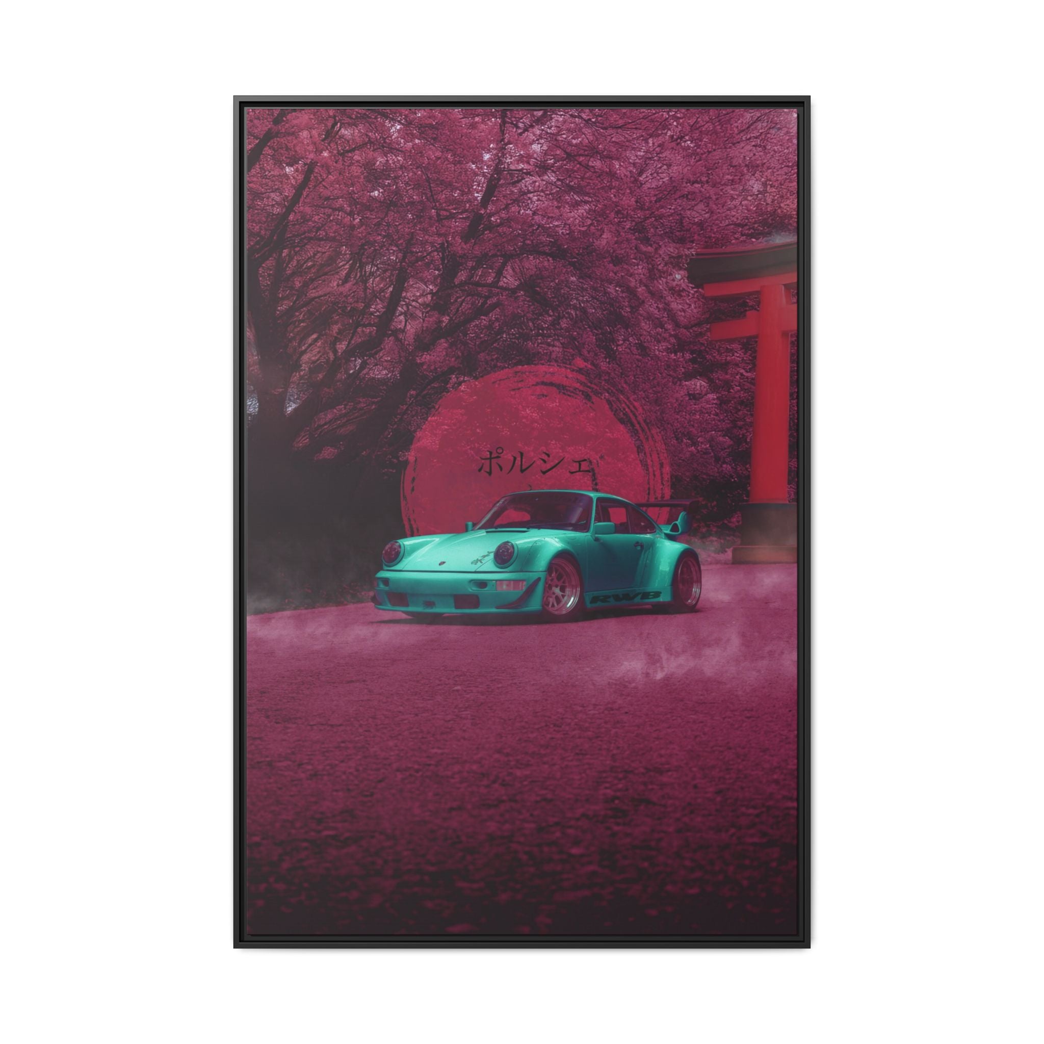 Teal Porsche in Sakura Dream Framed Canvas