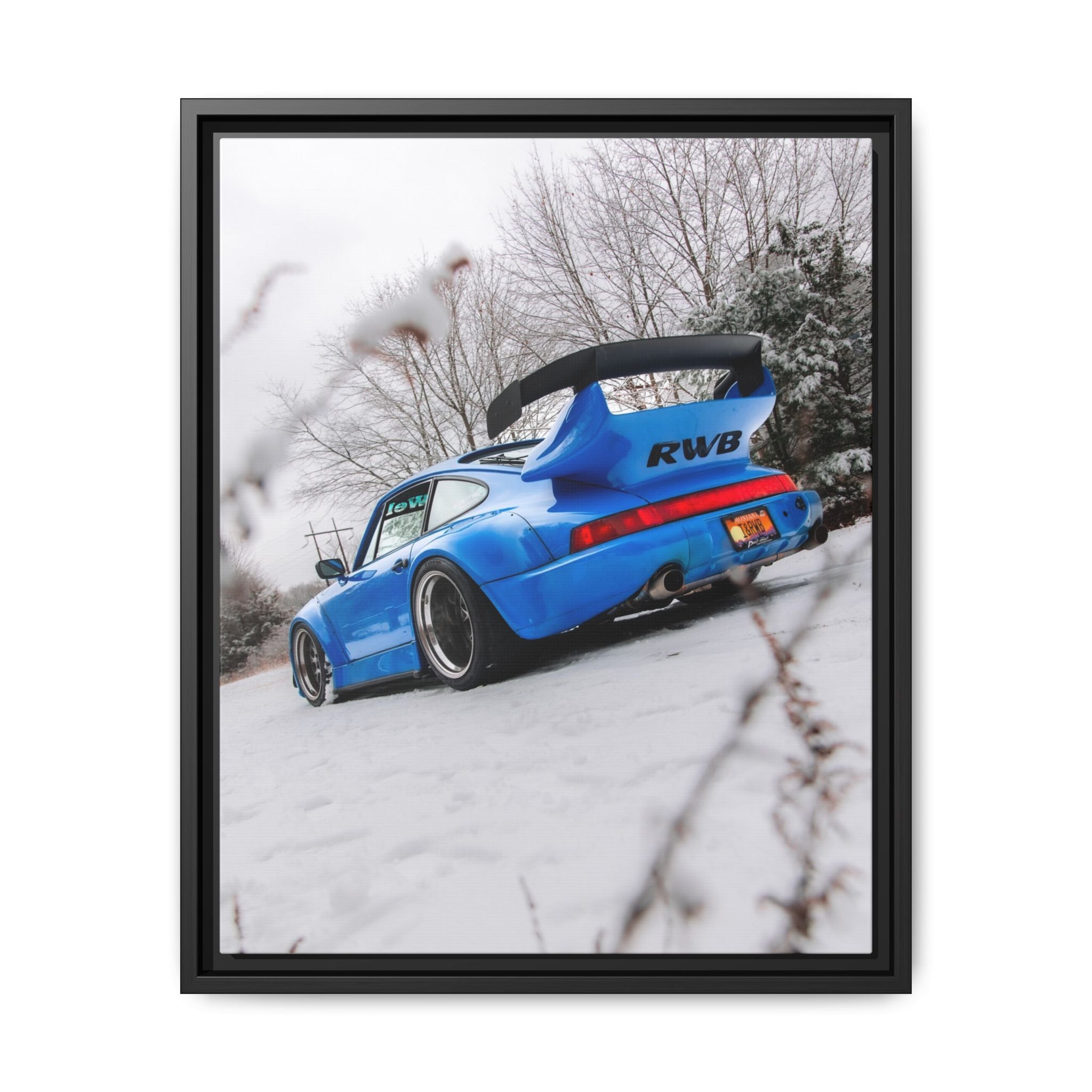 Blue RWB Porsche in Snow Framed Canvas
