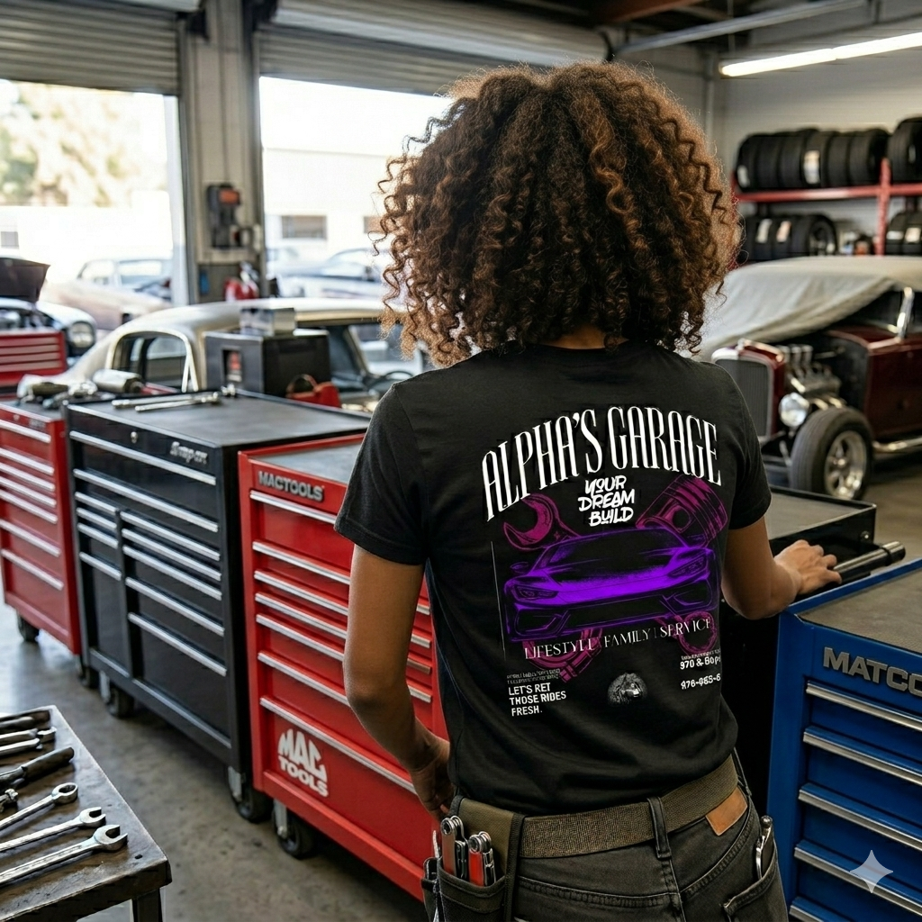 ALPHA'S GARAGE Vintage Car Pit Crew Shirt - Women's