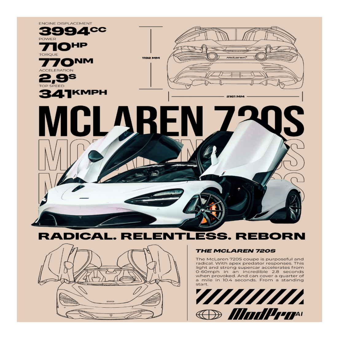 ModPro Stone Washed McLaren 720S Blueprint Tshirt - Women's